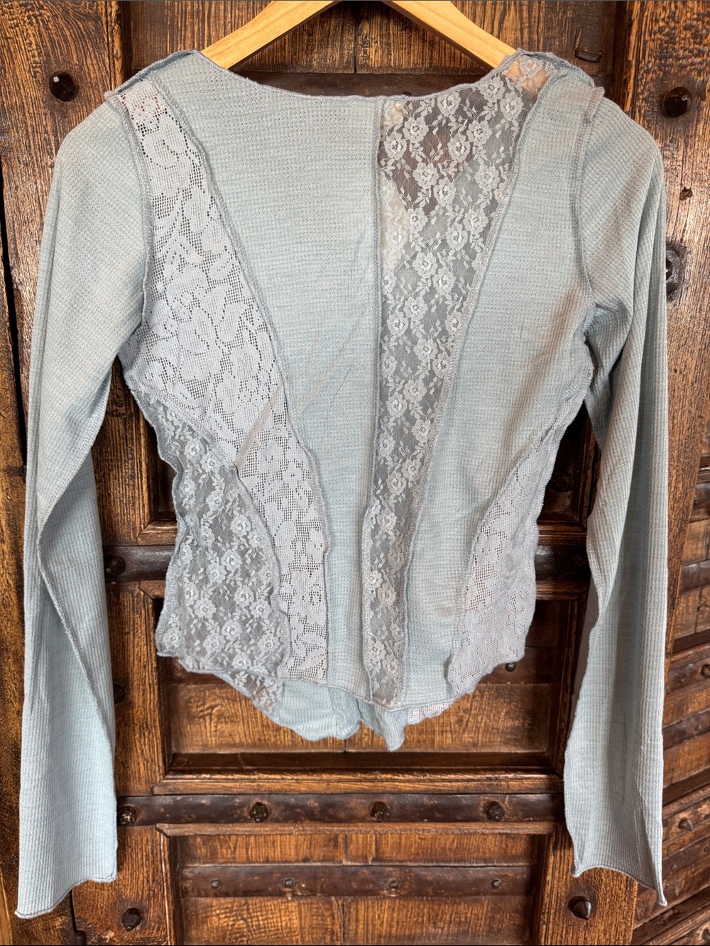 POL Light Blue Lace Panel V-Neck Long Sleeve Top - Picture 5 of 5